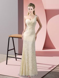 Fancy One Shoulder Sleeveless Criss Cross Prom Evening Gown Champagne Lace