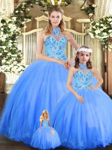 Chic Blue Halter Top Lace Up Embroidery Vestidos de Quinceanera Sleeveless