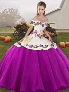 Floor Length White And Purple Vestidos de Quinceanera Off The Shoulder Sleeveless Lace Up