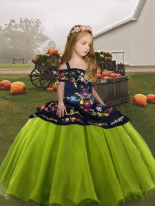 Olive Green Organza Lace Up Custom Made Pageant Dress Sleeveless Floor Length Embroidery