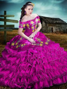 Fuchsia Sleeveless Embroidery and Ruffles Floor Length Quinceanera Gowns