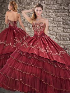 Wine Red Sleeveless Floor Length Embroidery and Ruffled Layers Lace Up Quinceanera Dresses
