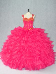 High Quality Red Ball Gowns Beading and Ruffles Quinceanera Gown Lace Up Organza Sleeveless Floor Length