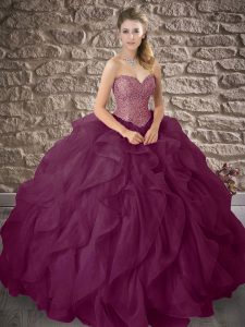 Best Selling Sweetheart Sleeveless Lace Up Quinceanera Gowns Dark Purple Organza