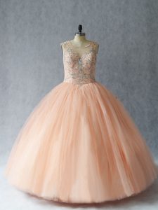 Dazzling Peach Scoop Neckline Beading Quinceanera Gowns Sleeveless Lace Up