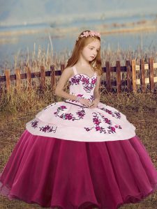 Pretty Embroidery and Bowknot Little Girls Pageant Dress Fuchsia Lace Up Sleeveless Floor Length