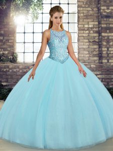 Enchanting Floor Length Lace Up Quince Ball Gowns Aqua Blue for Military Ball and Quinceanera with Embroidery