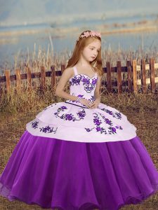 Attractive Eggplant Purple Straps Neckline Embroidery Little Girls Pageant Dress Wholesale Sleeveless Lace Up