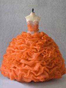Sexy Orange Lace Up Sweetheart Beading and Pick Ups Quince Ball Gowns Organza Sleeveless