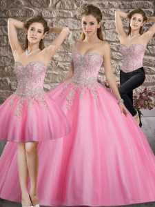 Sweetheart Sleeveless Tulle Quinceanera Gown Appliques Lace Up