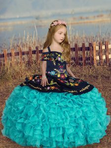 Short Sleeves Organza Floor Length Lace Up Kids Pageant Dress in Aqua Blue with Embroidery and Ruffles
