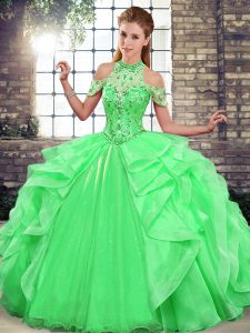 Colorful Green Ball Gowns Organza Halter Top Sleeveless Beading and Ruffles Floor Length Lace Up Ball Gown Prom Dress