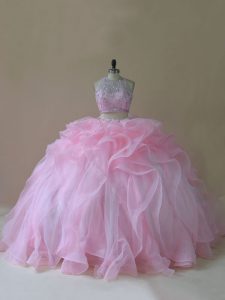 Gorgeous Baby Pink Lace Up Quinceanera Dresses Ruffles Sleeveless Brush Train