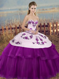 White And Purple Tulle Lace Up Sweet 16 Quinceanera Dress Sleeveless Floor Length Embroidery and Bowknot