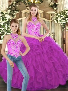 Custom Designed Fuchsia Tulle Lace Up Halter Top Sleeveless Floor Length Ball Gown Prom Dress Embroidery and Ruffles