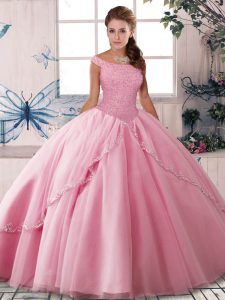 Discount Rose Pink Off The Shoulder Neckline Beading Ball Gown Prom Dress Sleeveless Lace Up
