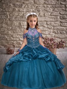 Blue Ball Gowns Organza Halter Top Sleeveless Beading and Ruffles Floor Length Lace Up Kids Formal Wear
