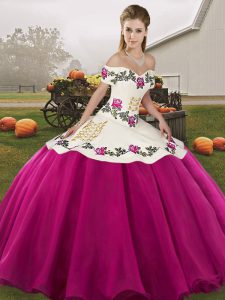 Luxurious Floor Length Fuchsia Ball Gown Prom Dress Organza Sleeveless Embroidery