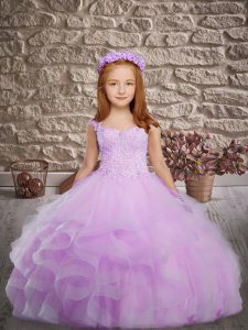 Lavender Sleeveless Beading and Appliques and Ruffles Lace Up Little Girl Pageant Gowns