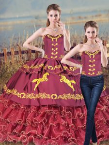 High End Burgundy Sleeveless Embroidery and Ruffles Lace Up 15th Birthday Dress