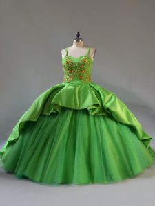 Pretty Court Train Ball Gowns Ball Gown Prom Dress Green Straps Satin and Tulle Sleeveless Lace Up