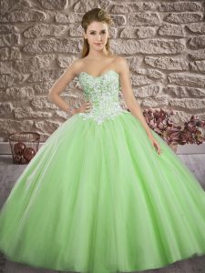 Tulle Sweetheart Sleeveless Brush Train Lace Up Appliques Vestidos de Quinceanera in