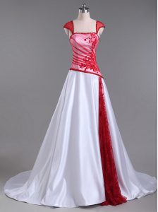 Satin Strapless Cap Sleeves Court Train Lace Up Lace and Appliques Celeb Inspired Gowns in White And Red