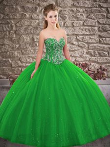 Sleeveless Tulle Floor Length Lace Up Quinceanera Gowns in Green with Beading