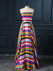 Strapless Sleeveless Prom Gown Floor Length Ruching Multi-color Printed