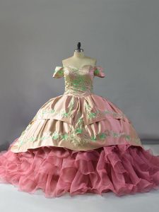 Artistic Sleeveless Organza Floor Length Chapel Train Lace Up Vestidos de Quinceanera in Pink with Embroidery and Ruffle