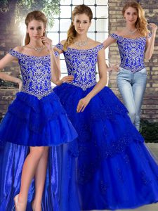 Royal Blue Three Pieces Beading and Lace 15 Quinceanera Dress Lace Up Tulle Sleeveless
