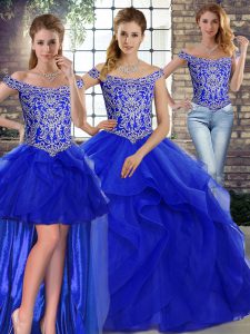 Royal Blue Lace Up Off The Shoulder Beading and Ruffles Vestidos de Quinceanera Tulle Sleeveless Brush Train