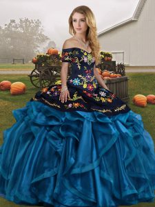 Floor Length Blue And Black Quinceanera Dresses Organza Sleeveless Embroidery and Ruffles