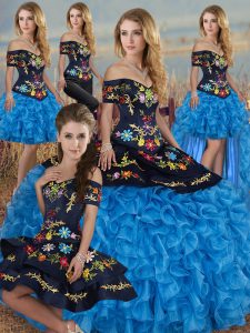Flirting Blue And Black Lace Up 15 Quinceanera Dress Embroidery and Ruffles Short Sleeves Floor Length