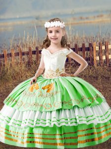 Ball Gowns Off The Shoulder Sleeveless Satin Floor Length Lace Up Embroidery Little Girl Pageant Dress