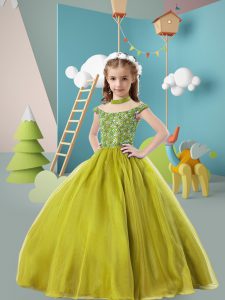 High-neck Cap Sleeves Little Girls Pageant Gowns Floor Length Beading Olive Green Tulle