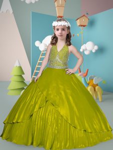 Beading and Pleated Little Girls Pageant Dress Olive Green Zipper Sleeveless Floor Length