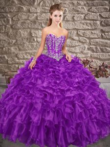 Elegant Purple Sweetheart Neckline Beading and Ruffles Quinceanera Dresses Sleeveless Lace Up
