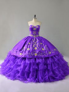 Glorious Purple Ball Gowns Organza Sweetheart Sleeveless Embroidery and Ruffles Floor Length Lace Up 15 Quinceanera Dres
