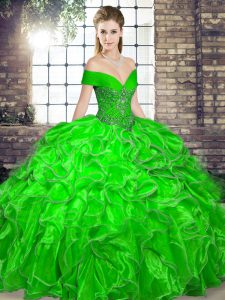 Beautiful Off The Shoulder Sleeveless Lace Up Sweet 16 Dress Green Organza