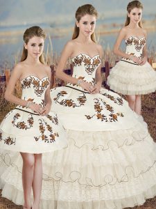 Gorgeous White Lace Up Sweetheart Embroidery and Ruffled Layers and Bowknot Quinceanera Dresses Organza and Lace Sleevel