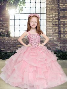 Beading and Ruffles Little Girl Pageant Gowns Pink Lace Up Sleeveless Floor Length