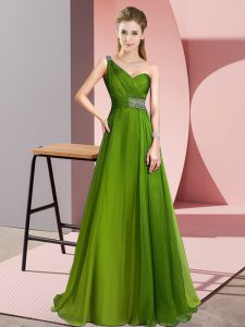 Classical Olive Green One Shoulder Neckline Beading Dress for Prom Sleeveless Criss Cross