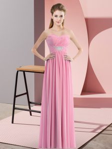 Hot Sale Chiffon Sweetheart Sleeveless Zipper Beading Prom Evening Gown in Rose Pink