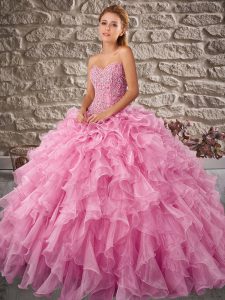 Noble Rose Pink Lace Up Sweetheart Beading and Ruffles Quinceanera Dresses Organza Sleeveless Brush Train