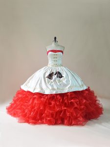 Stunning White And Red Satin and Organza Lace Up Strapless Sleeveless Floor Length 15th Birthday Dress Brush Train Embro