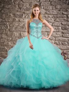 Scoop Sleeveless Tulle Quince Ball Gowns Beading and Ruffles Brush Train Lace Up