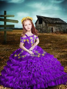 Ball Gowns Little Girl Pageant Dress Purple Off The Shoulder Organza Short Sleeves Floor Length Lace Up