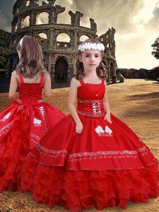 Red Straps Zipper Embroidery and Ruffled Layers Child Pageant Dress Sleeveless