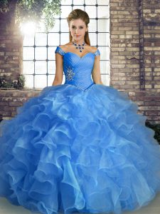 Captivating Sleeveless Floor Length Beading and Ruffles Lace Up Quinceanera Dresses with Blue